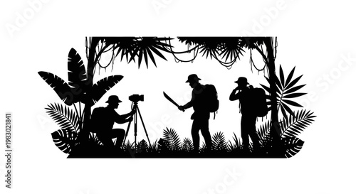 Explorers in jungle silhouette, photographer with tripod, machete adventurer, nature expedition