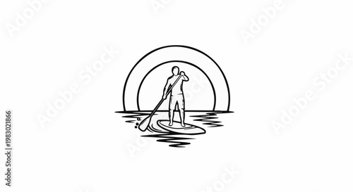 Silhouette of person paddleboarding on water under a semi-circle