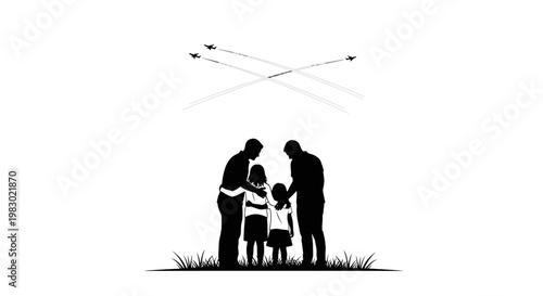 Family silhouette watching planes fly over, symbolizing dreams and aspirations.