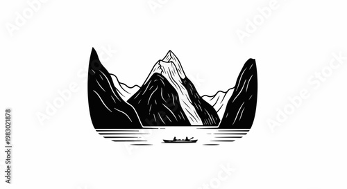 Black and white illustration of serene mountains and a calm lake with a boat