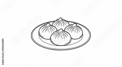 Four delicious soup dumplings arranged on a white plate, illustrated