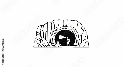 Silhouette of person exploring a dark cave with a flashlight