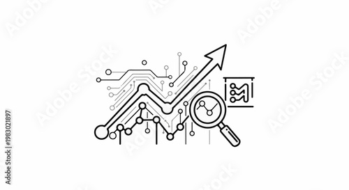 Abstract circuit board lines with arrow and magnifying glass
