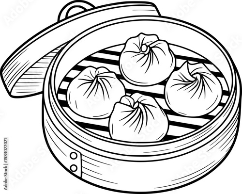 Black and white of steaming dumplings in a bamboo steamer basket food asian
