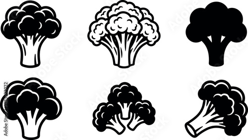 Black and white broccoli silhouette and line art icon set