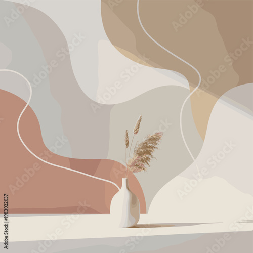 Minimalist abstract background with a white vase holding dried pampas grass, featuring organic shapes and muted earthy tones.