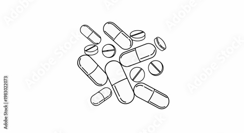 Scattered collection of medical capsules and tablets