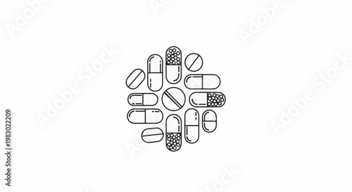 Assortment of line art medicine capsules and pills arranged in a circle