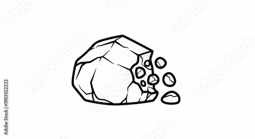 A simplistic black and white line drawing of a fragmented, jagged rock
