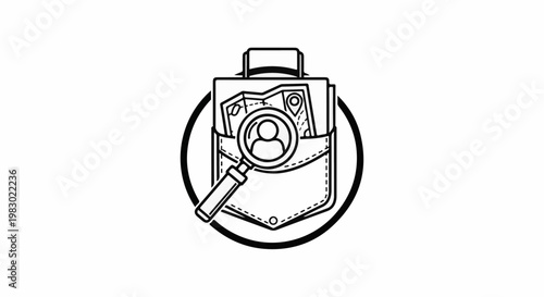 Pocket with map and magnifying glass over person icon