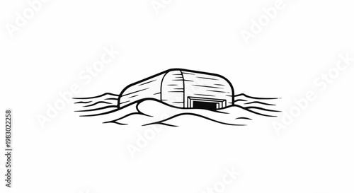 A simplistic outline drawing of a rounded, wooden structure partially submerged in waves