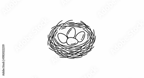 Black and white drawing of a bird's nest with four eggs inside