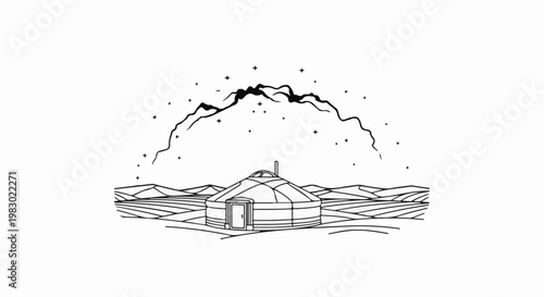 A simplistic line art illustration of a round dwelling under a starry mountain arch