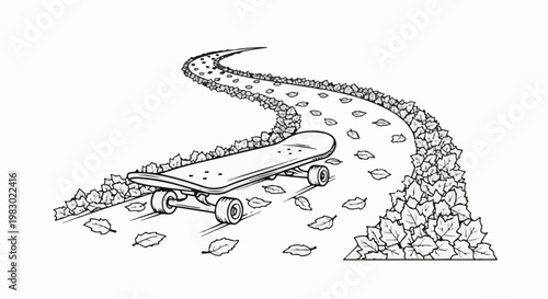 A skateboard rests on a winding path covered with fallen leaves