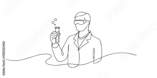 single line scientist holding test tube.continuous line drawing of male researcher wearing lab coat and goggles examining chemical sample.science and laboratory research concept.one line vector 