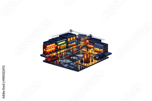 Isometric Rainy City Street Scene