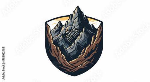 A skeletal fossil is revealed within a harsh mountain landscape emblem