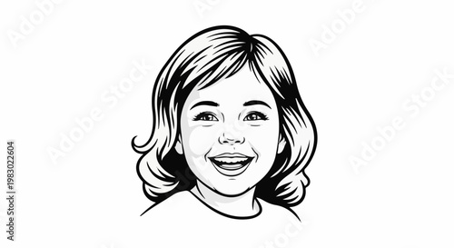 Comic-style illustration of a young girl's face, smiling broadly with wide eyes and wavy hair