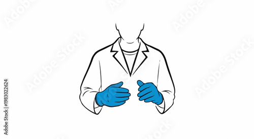 Person in lab coat wearing blue gloves, hands open