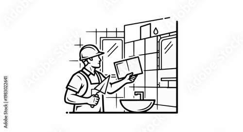 Construction worker in hard hat applies tiles around a bathroom sink and mirror