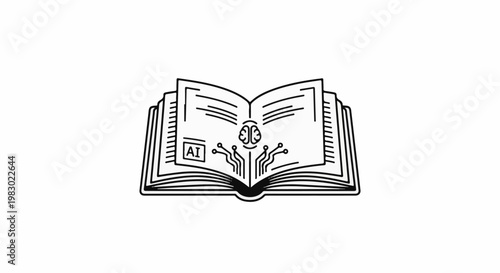 Open book with AI brain and circuit board imagery, representing knowledge