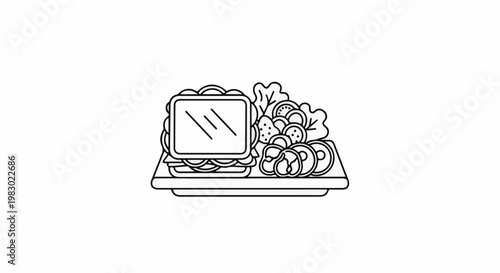 Outline illustration of a sandwich, salad, and pickles on a tray