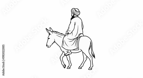 Line drawing of a man wearing a turban riding a donkey