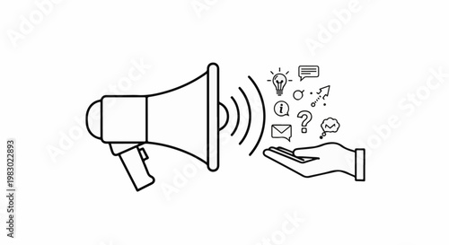 Megaphone broadcasting ideas, information, and communication into an open hand