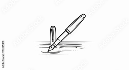 Classic fountain pen and cap poised above paper, black outline drawing