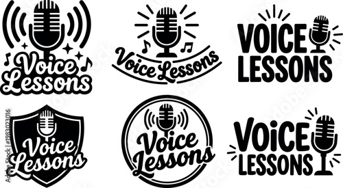 Voice lessons lettering with vintage microphone and music notes vector art
