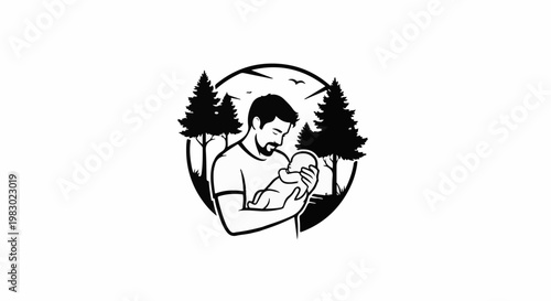 Father holding baby with trees and birds in a circular design