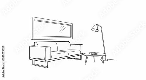 Minimalist line drawing of a modern living room setup with sofa, table, and lamp