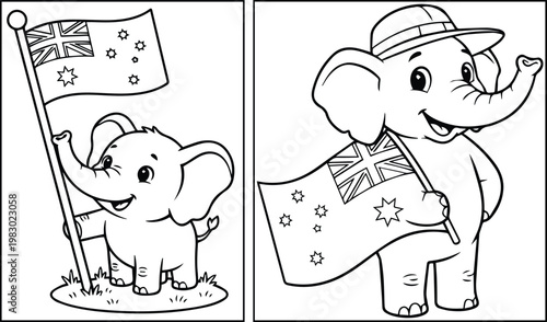 Cute baby elephant holding Australian flag coloring page for kids