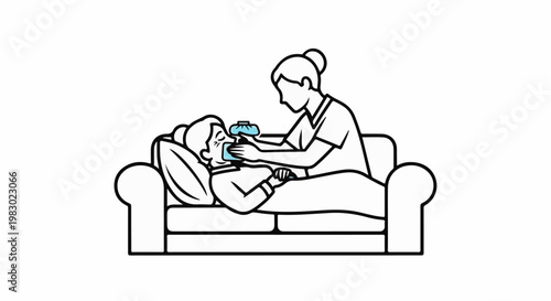 Nurse applying ice pack to a patient's mouth while they rest on a sofa