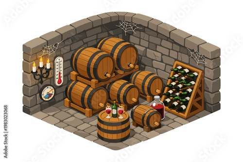Wine Cellar with Barrels and Bottles