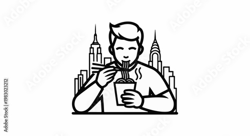 Man eating noodles with chopsticks in front of city skyline