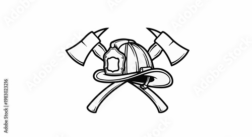 Firefighter helmet crossed with two axes, black and white illustration
