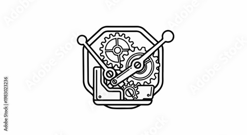 Intricate line drawing of interlocking gears and levers within a stylized frame