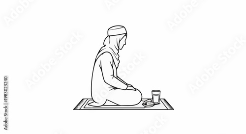 Person in prayer attire sits on rug with dates and drink