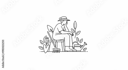 Gardener in hat resting among tools and plants, line art