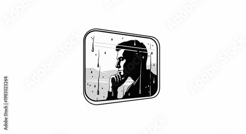 Man contemplating outdoors through a rain-streaked window on a cloudy day