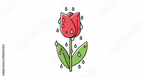 A red tulip with green leaves is depicted with falling raindrops