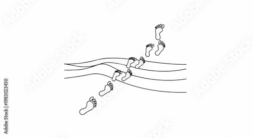 Footprints traverse wavy lines, suggesting movement across abstract terrain