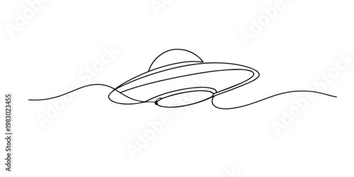 single line flying ufo.continuous line drawing of unidentified flying object hovering in sky.space and alien technology concept.one line vector illustration.
