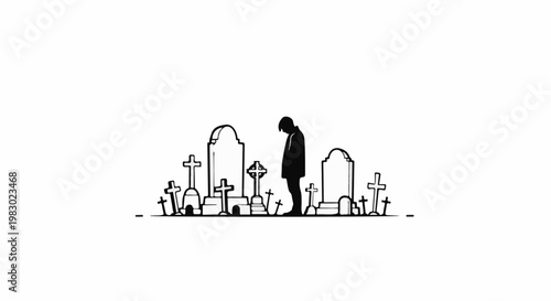 Lone silhouette bows head in somber reverence amidst a field of headstones