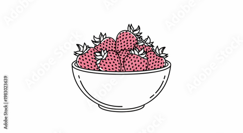 A simple cartoon drawing of a white bowl filled with ripe red strawberries and green leaves