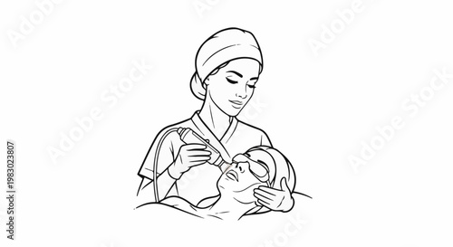 Line drawing of a beautician giving facial treatment to a client