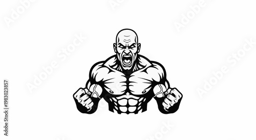 Muscular bald man with clenched fists and shouting mouth
