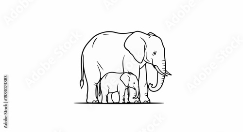 Line drawing of an adult and baby elephant standing together