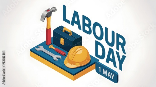 
Labour Day 1 May illustration with hard hat, toolbox, and tools on a pallet. Isometric graphic design celebrating International Workers' Day.